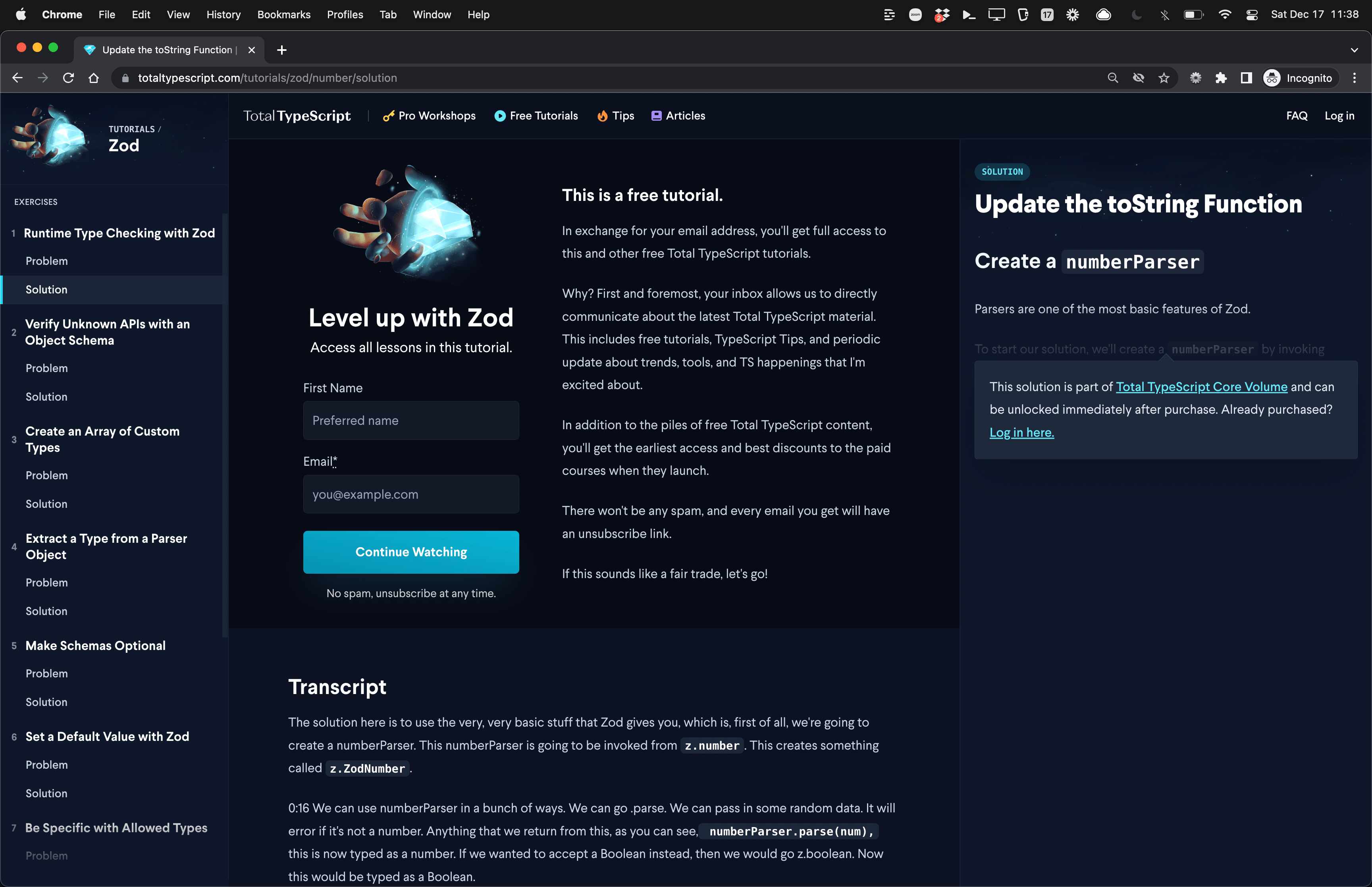 screenshot of the UI for the zod tutorial